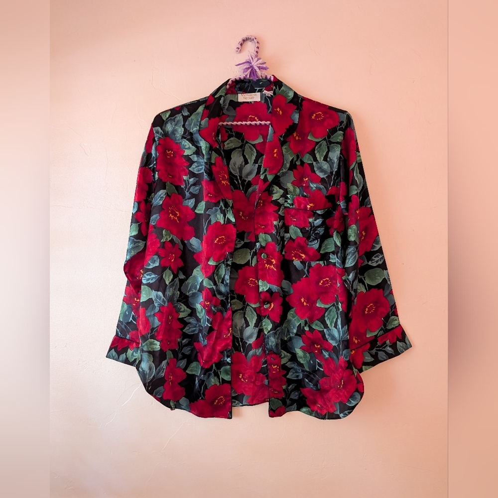 Vintage 90's Victorias Secret Gold Label Red Floral Sleep Shirt - Sz Sm